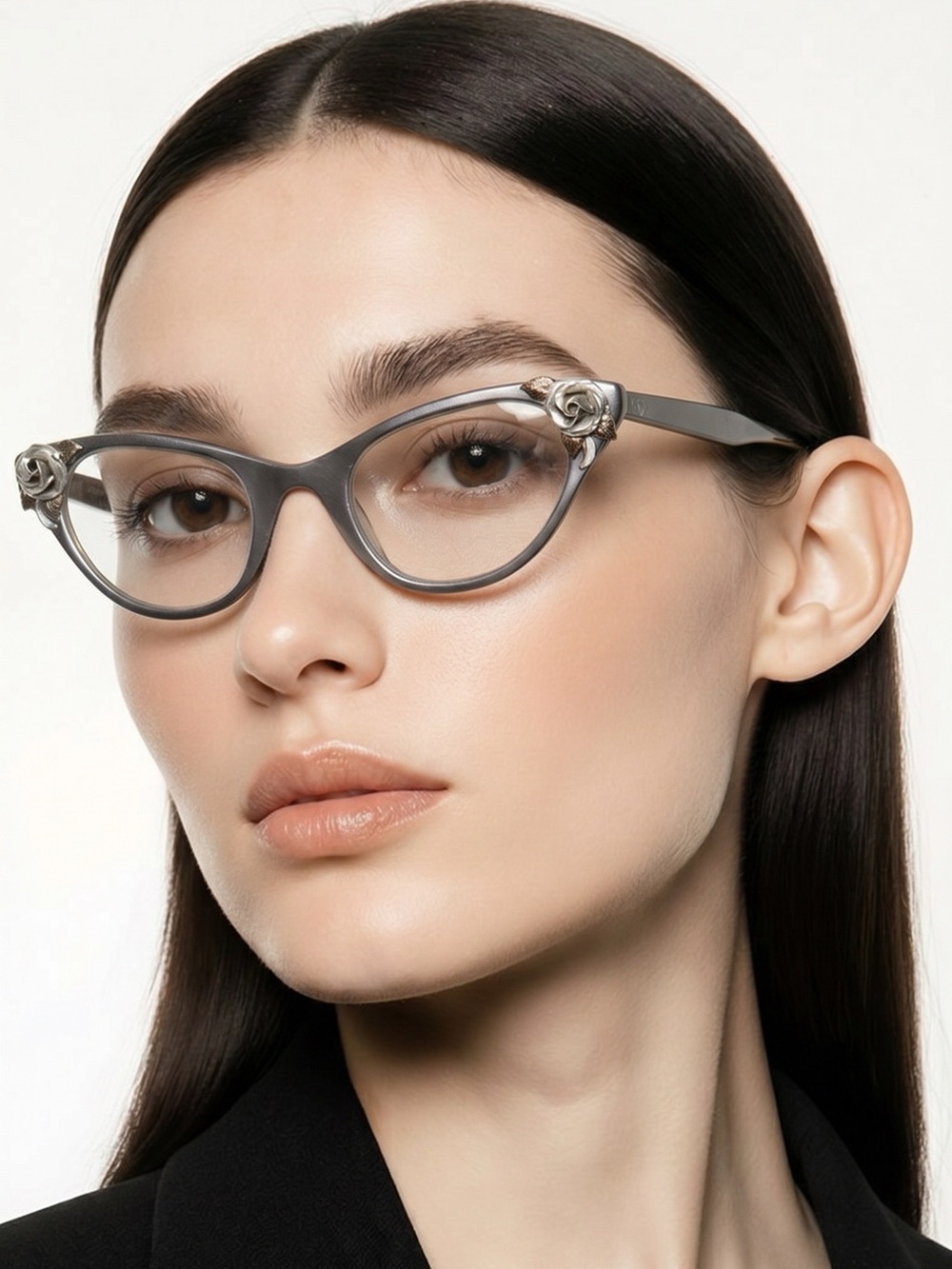 Vintage Tura Designer Cat-Eye Aluminum Eyeglass Frames with Silver Rose Accents